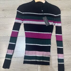 Elie Tahari Black and Pink Striped Sweater